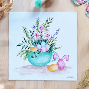 Carte tasse fleurs, illustration aquarelle, impression d'art