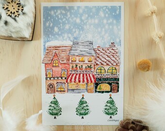 Christmas street card Houses under the snow, watercolor illustration