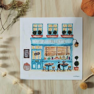Carte café restaurant Chez Paulette, illustration rétro aquarelle, impression d'art