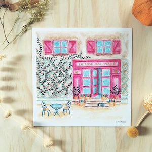 Carte librairie La rose des vents, illustration rétro aquarelle, impression d'art