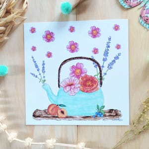 Carte théière fleurs, illustration poétique aquarelle, impression d'art