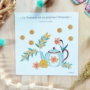 Carte théière citron et mimosas, illustration aquarelle, impression d'art