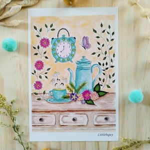 Carte tea time cosy matinal, illustration aquarelle théière, impression d'art