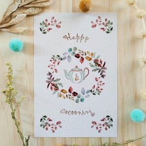 Carte happy cocooning, illustration théière automne aquarelle