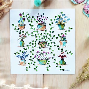 Carte plantes succulentes et cactus, illustration botanique aquarelle, impression d'art
