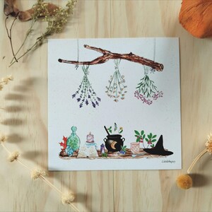 Carte witchy atelier de sorcière, illustration aquarelle halloween, impression d'art
