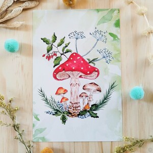 Carte illustration aquarelle Champignon, carte automne