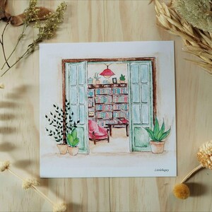 Carte ma bibliothèque cosy, illustration aquarelle, impression d'art