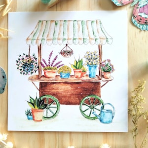 Carte chariot de fleurs, illustration aquarelle, impression d'art