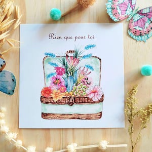 Carte message, valise fleurie, illustration aquarelle, impression d'art