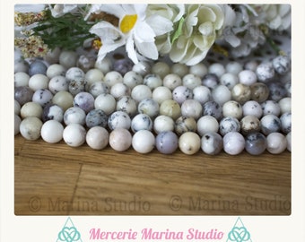RARE Lot de 10 perles en opale dendrite denditrique blanche 8mm – perles naturelles – non traitées