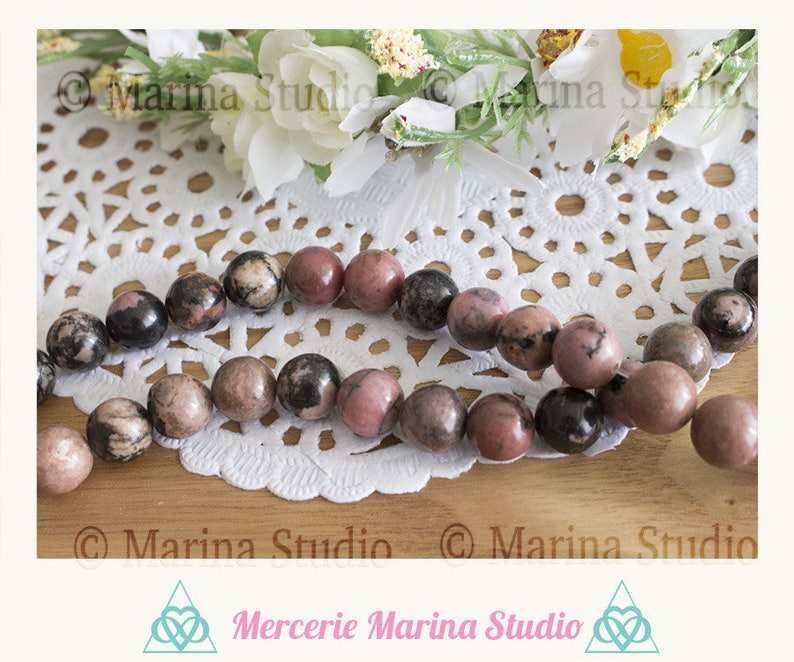 10 Perles rhodonite rose et noir 8mm ou 6mm ou 10mm Qualité AA perles naturellesMinimum de commande 5 euros hors frais d'envois image 1