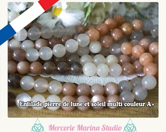 Magnifique enfilade de pierre de lune et soleil 8mm multi couleur 46 perles - Qualité Extra A+ - 100% naturelle non teintées