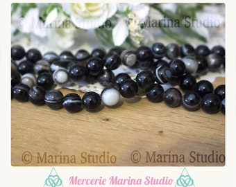 10 black agate beads with bands 8mm or 6mm * agate evil eye 6mm -reiki - chakras---Minimum of order 5 euros excluding shipping costs