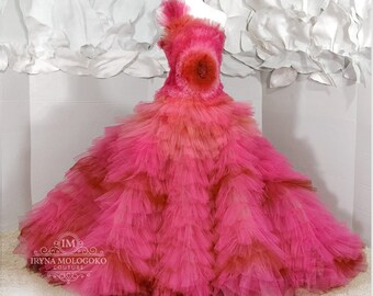 KIDS GIRLS TEENS Hot Pink Ombre Couture One-Of-A-Kind Gown Multilayered 5 Shades Tulle Skirt Fantasy Costume Birthday Red Carpet Celebrity