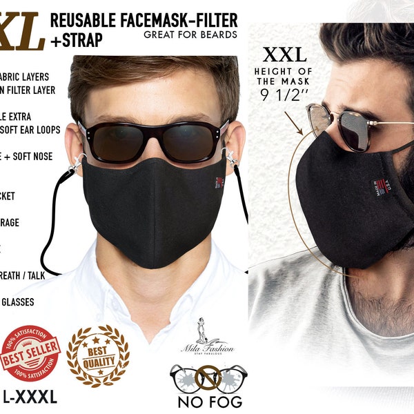 L – XXXL (2xl -3xl) Extra Large Reusable Face Mask - Filter for BEARDS, Big Tall Men + Carrying Strap