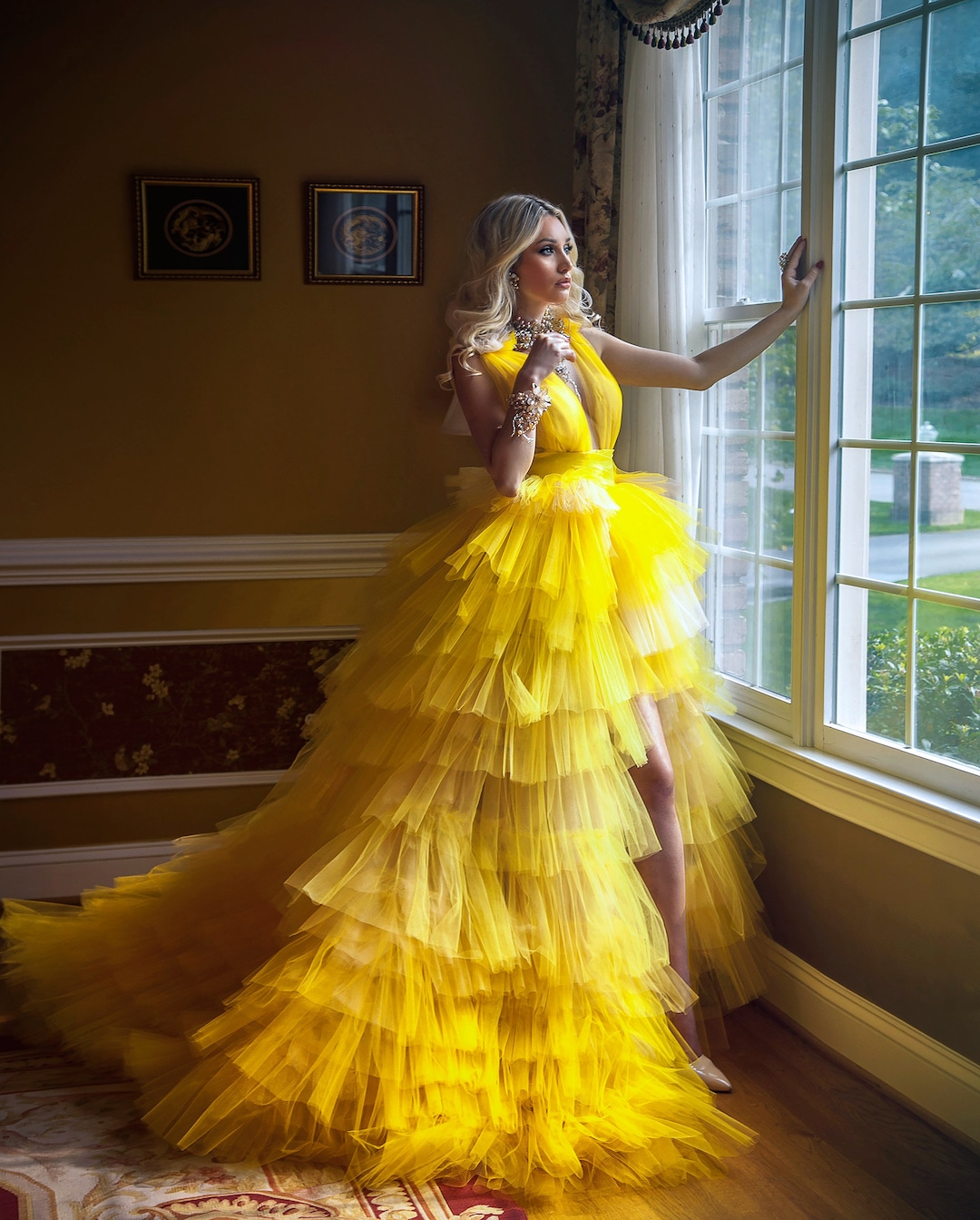 One Shoulder Yellow Knotted A-line Tiered Ruffle Short Dress