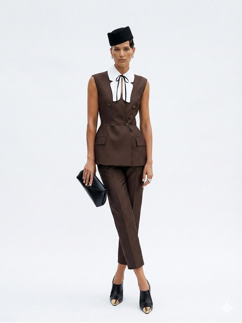 Pu&ograve; includere: Un completo marrone con gilet doppiopetto, pantaloni abbinati e cappello nero. Il completo presenta una camicia bianca con colletto e cravatta nera. L'outfit &egrave; completato da una pochette nera e scarpe nere con punte dorate.
