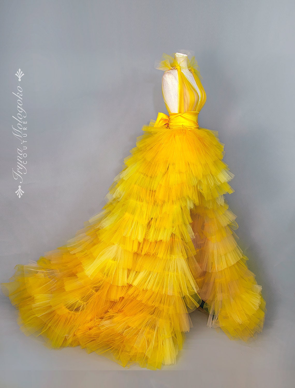 BRIDAL WEDDING Red Carpet PROM Yellow Ombre Large Ruffled