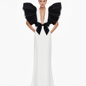 BLACK and WHITE WEDDING Formal Gown, Prom Gown, Large Sleeves, Maxi celebrity style, Red Carpet, Bridal, Black Tie Couture Wedding, Met gala