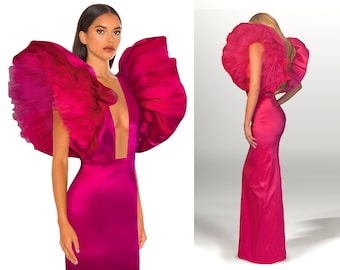 RED CARPET Formal Gown, PROM Hot Pink Gown, Large Sleeves, Maxi celebrity style, evening, Bridal, Black Tie, Couture Wedding Dress, Met Gala