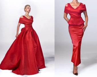 GENEVIEVE GOWN 3-part OUTFIT + Large Taffeta Overskirt, Fitted off-the Top and Fitted Trousers