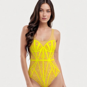 YELLOW Lace Corset Imitation One-Piece Swimsuit Beach WEDDING Bathing Suit Pool Party Romantic Floral Sexy Top Cheap Swimsuits