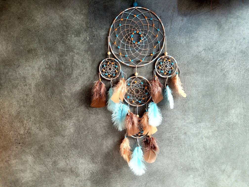 Attrape Rêves, Fait Main, Dreamcatcher, Bleu et Marron, Décor Mural/Taille Réelle 60 cm