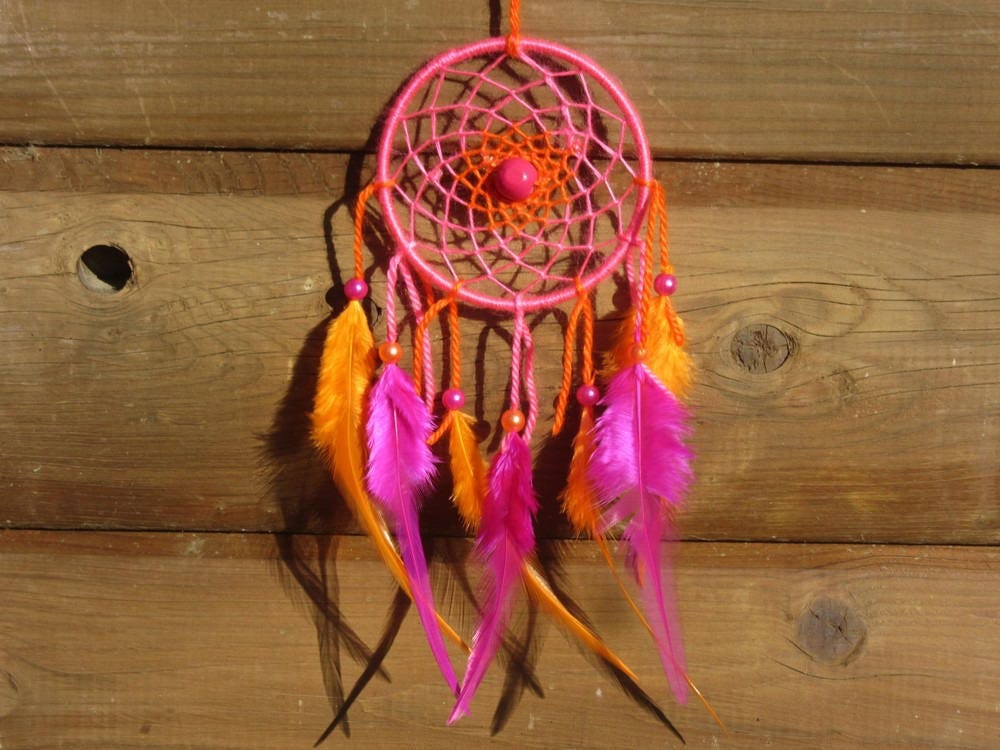 Attrape Rêves, Fait Main, Dreamcatcher, Rose Fuschia et Orange, Décor Mural/Taille Réelle 30 cm