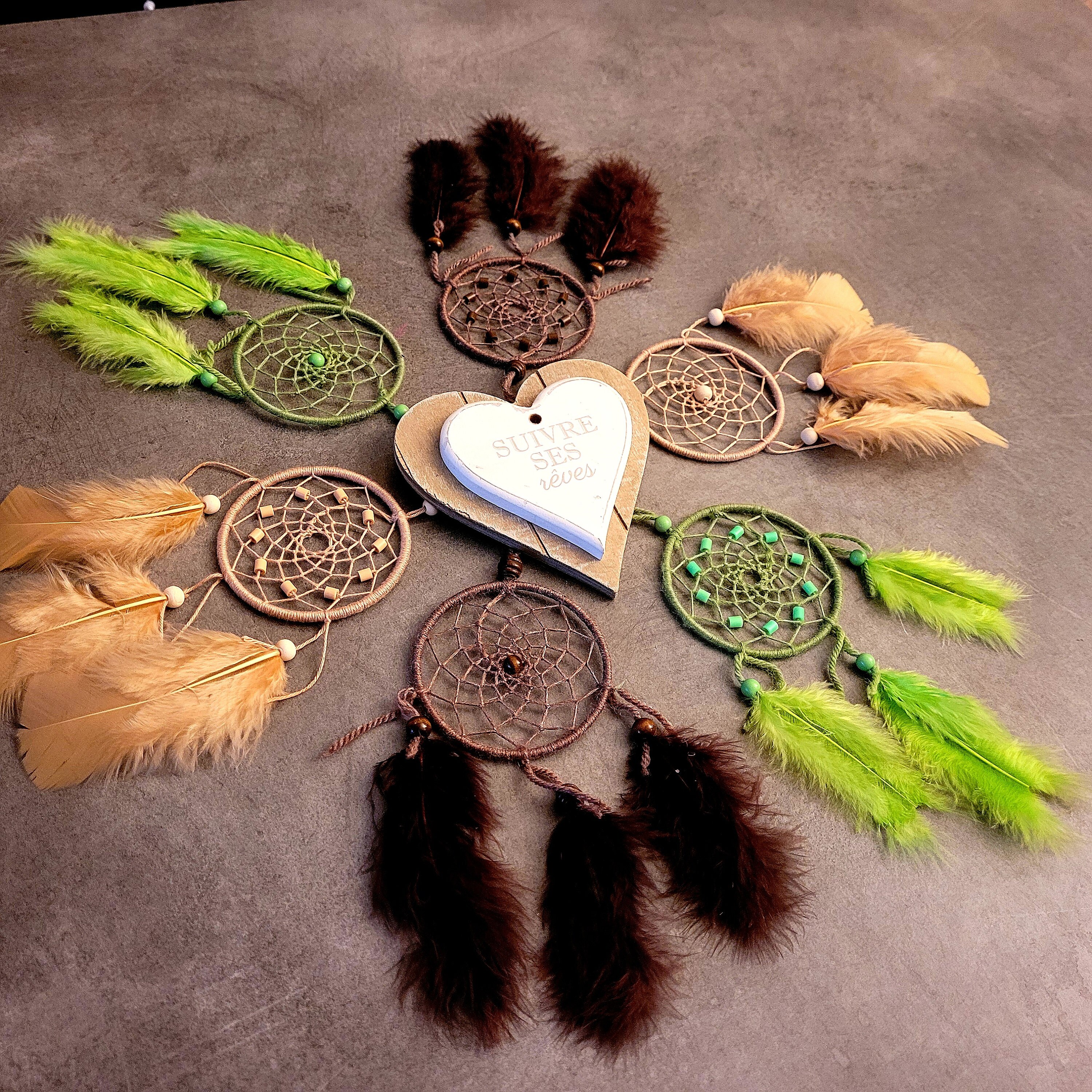 Attrape Rêves, Fait Main, Dreamcatcher, Décor Mural, Rétroviseur de Voiture, Vert Marron et Beige/Ta