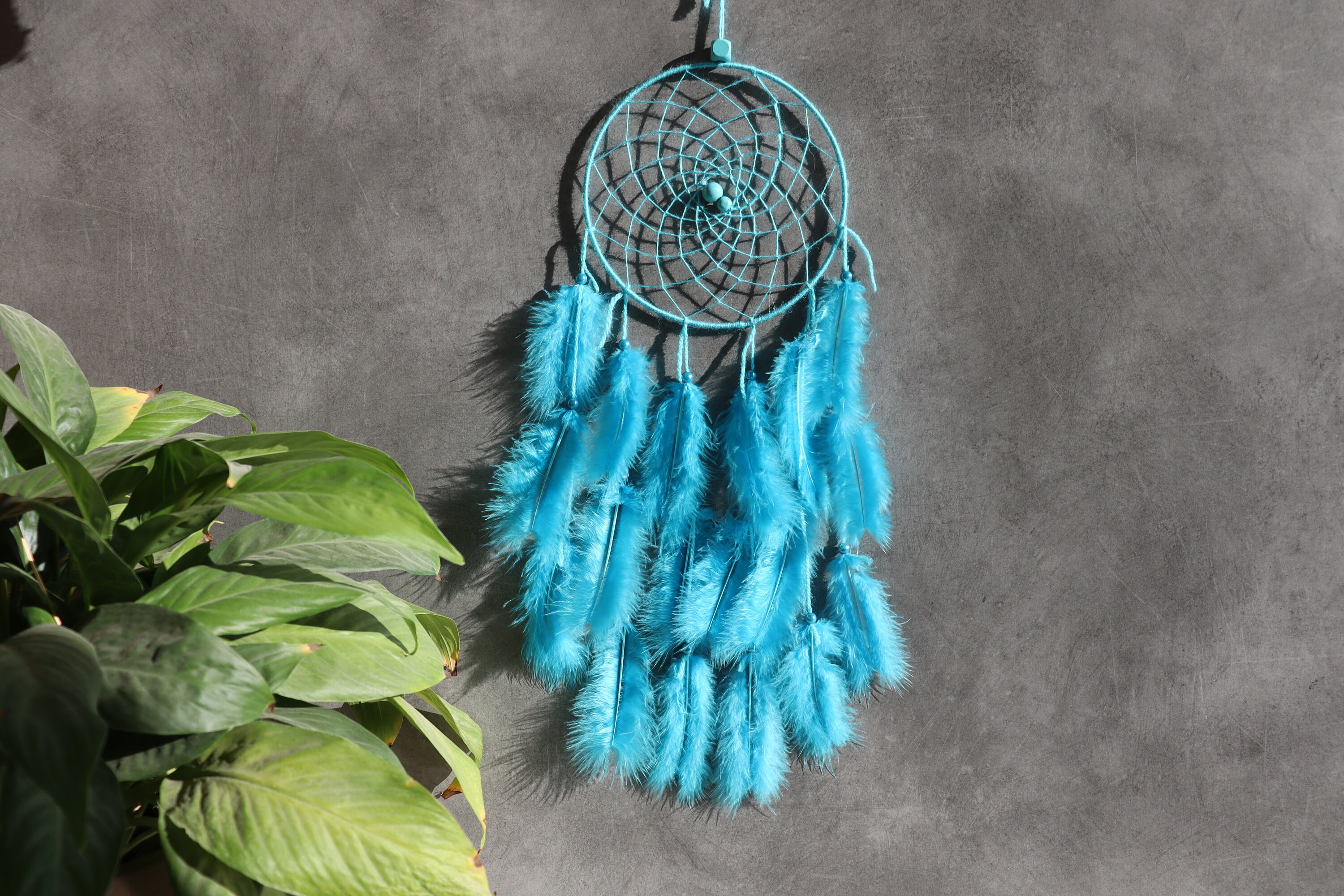 Attrape Rêves, Fait Main, Dreamcatcher, Bleu Turquoise, Décor Mural/Taille Réelle 50 cm