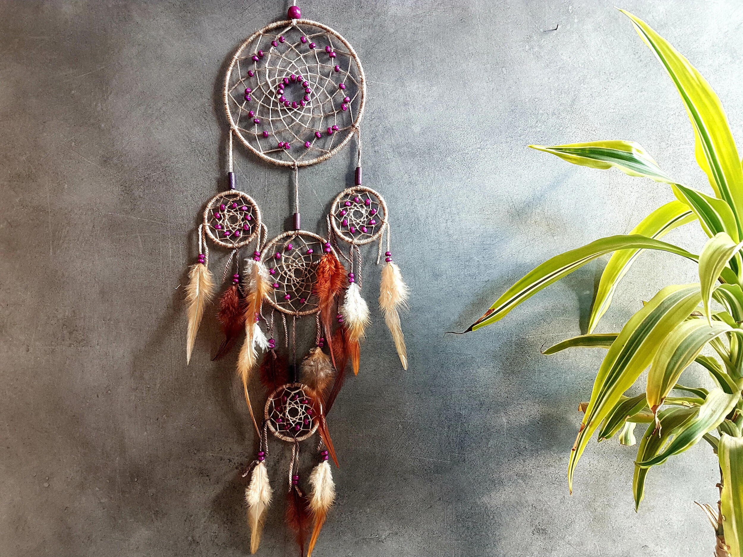 Attrape Rêves, Fait Main, Dreamcatcher, Marron et Violet, Décor Mural/Taille Réelle 55 cm