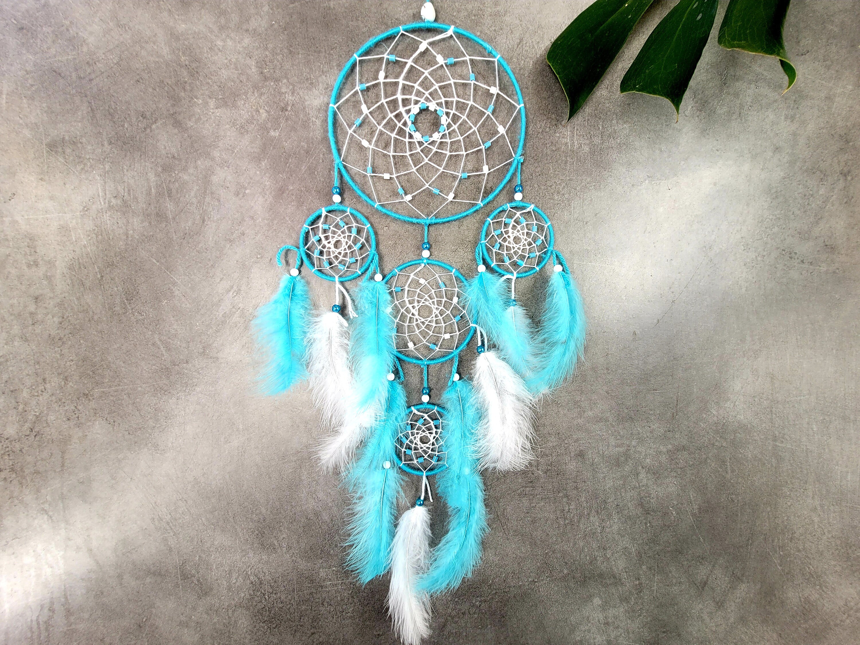 Attrape Rêves, Fait Main, Dreamcatcher, Turquoise et Blanc, Décor Mural/Taille Réelle 60 cm