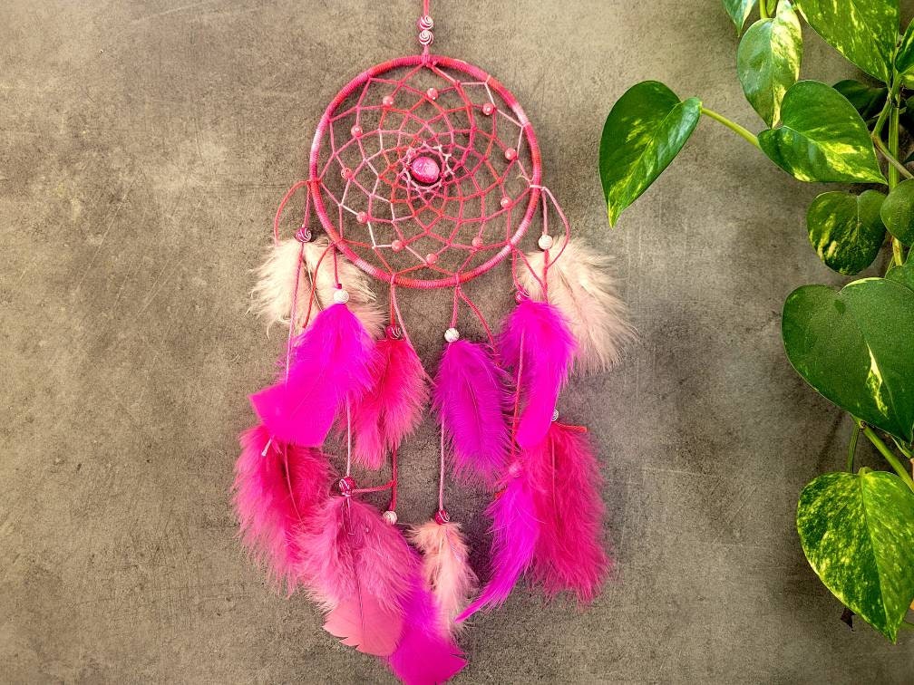 Attrape Rêves, Fait Main, Dreamcatcher, Tons Rose, Décor Mural/Taille Réelle 40 cm