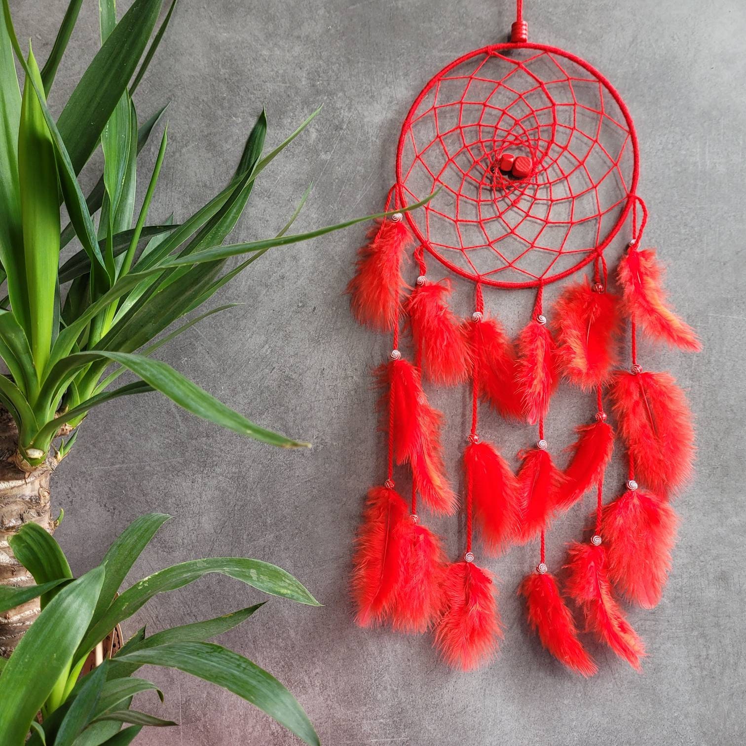 Attrape Rêves, Fait Main, Dreamcatcher, Rouge, Décor Mural/Taille Réelle 50 cm