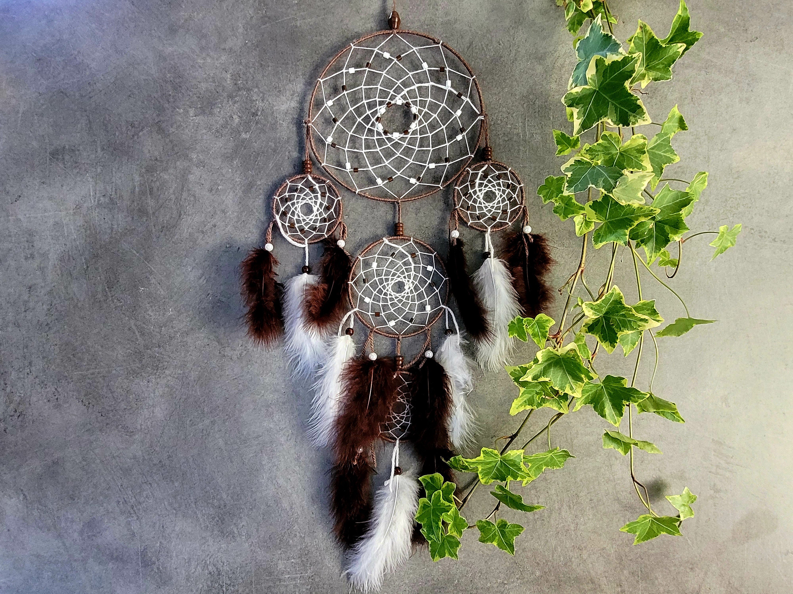 Attrape Rêves, Fait Main, Dreamcatcher, Marron et Blanc, Décor Mural/Taille Réelle 60-65 cm