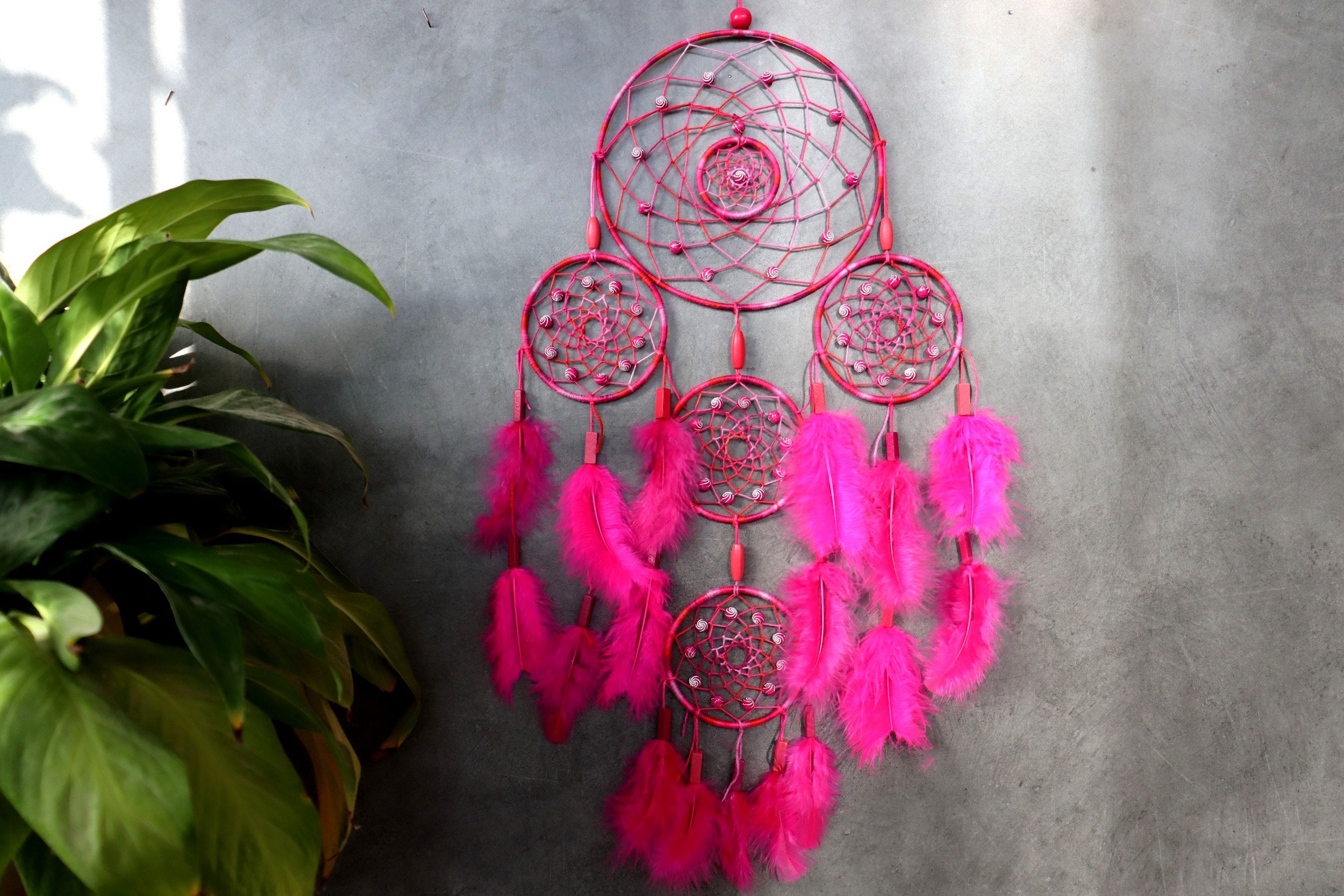 Attrape Rêves, Fait Main, Dreamcatcher, Rose Fuchsia, Décor Mural/Taille Réelle 60 cm