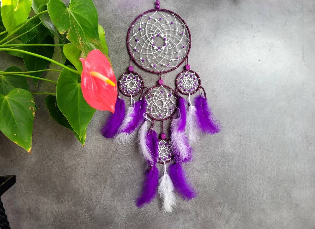 Attrape Rêves, Fait Main, Dreamcatcher, Violet et Blanc, Décor Mural/Taille Réelle 60-65 cm