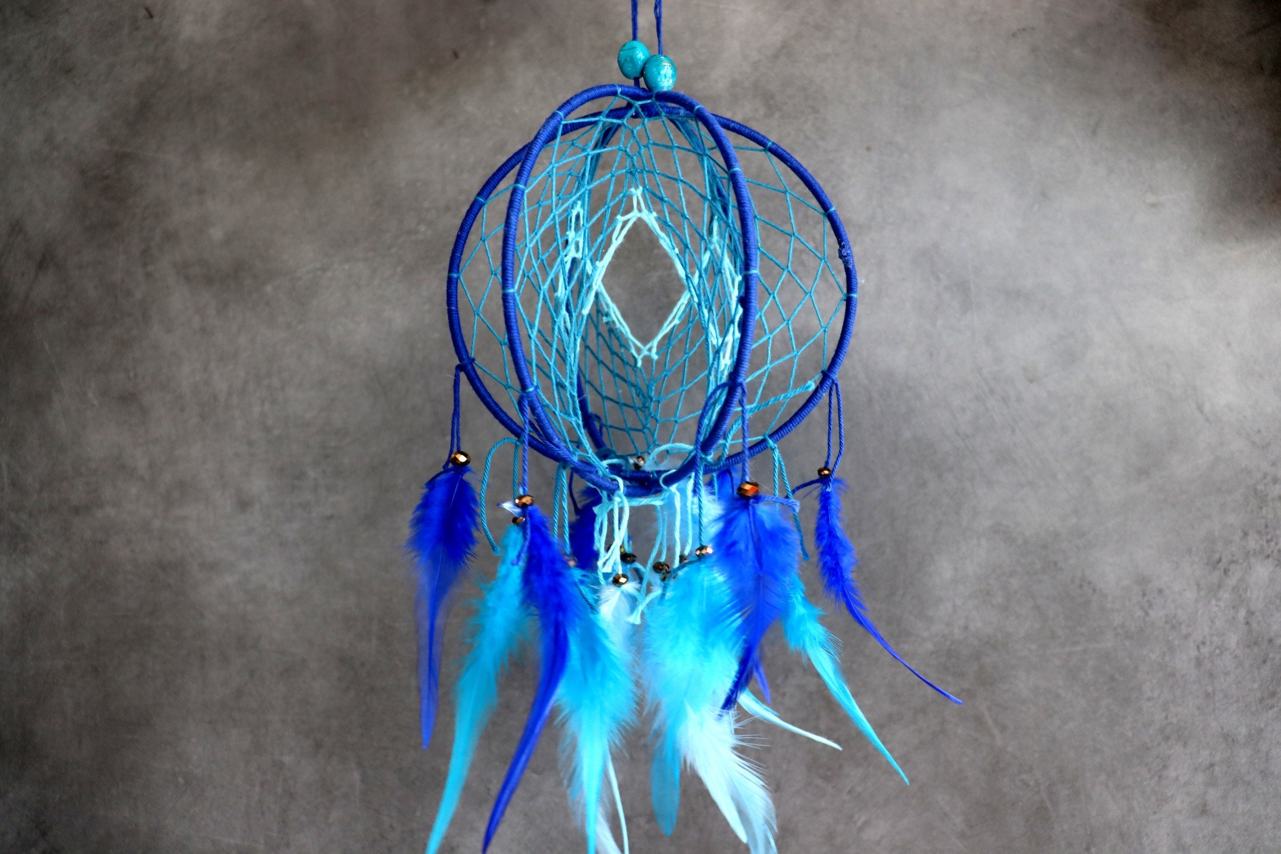 Attrape Rêves 3D, Suspension, Bleu Marine, Turquoise et Ciel, Plumes de Coq, Dreamcatcher, 3 Dimensi