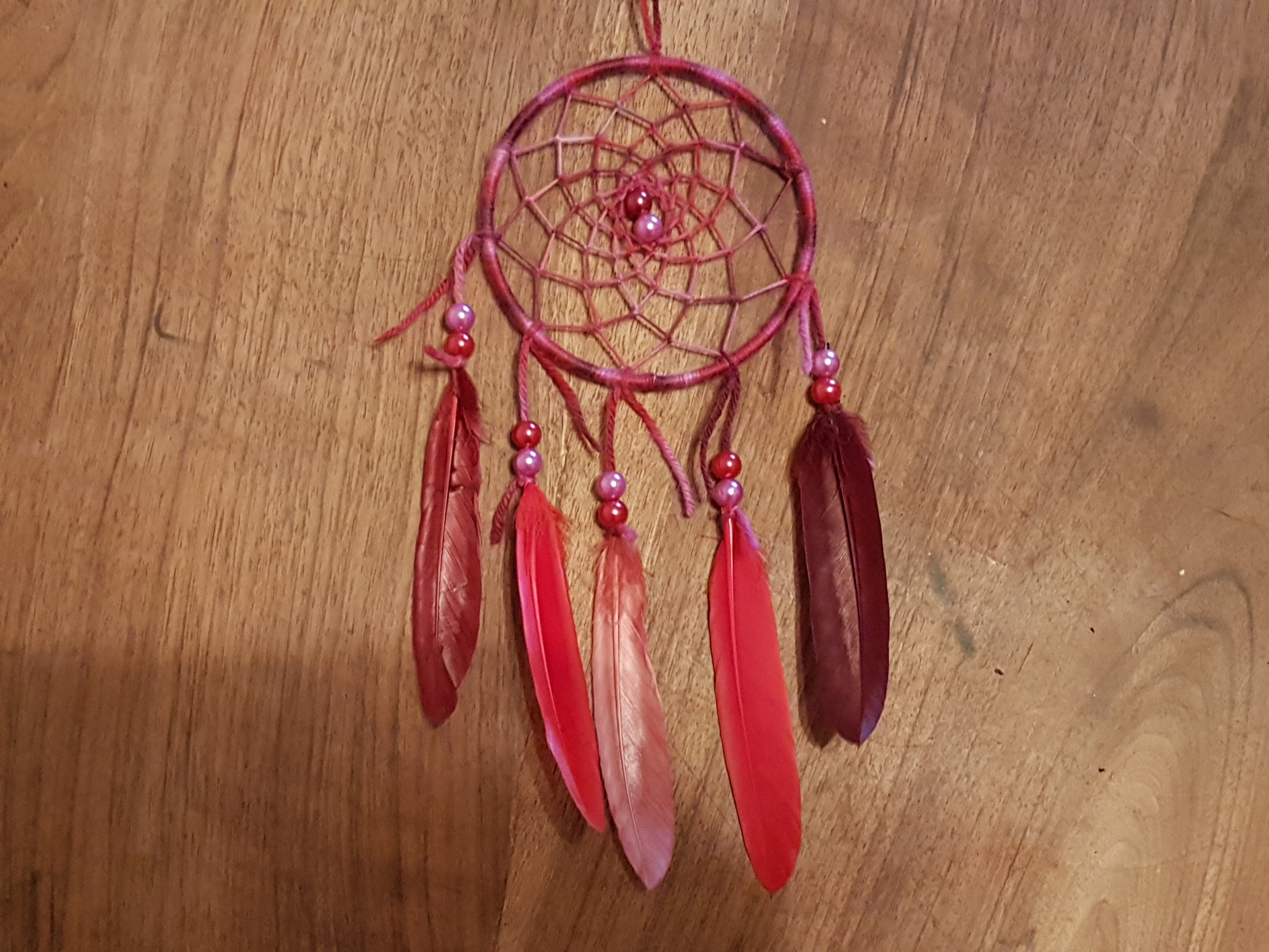 Attrape Rêves, Fait Main, Dreamcatcher, Tons Bordeaux Rouge Rose, Décor Mural/Taille Réelle 25 cm