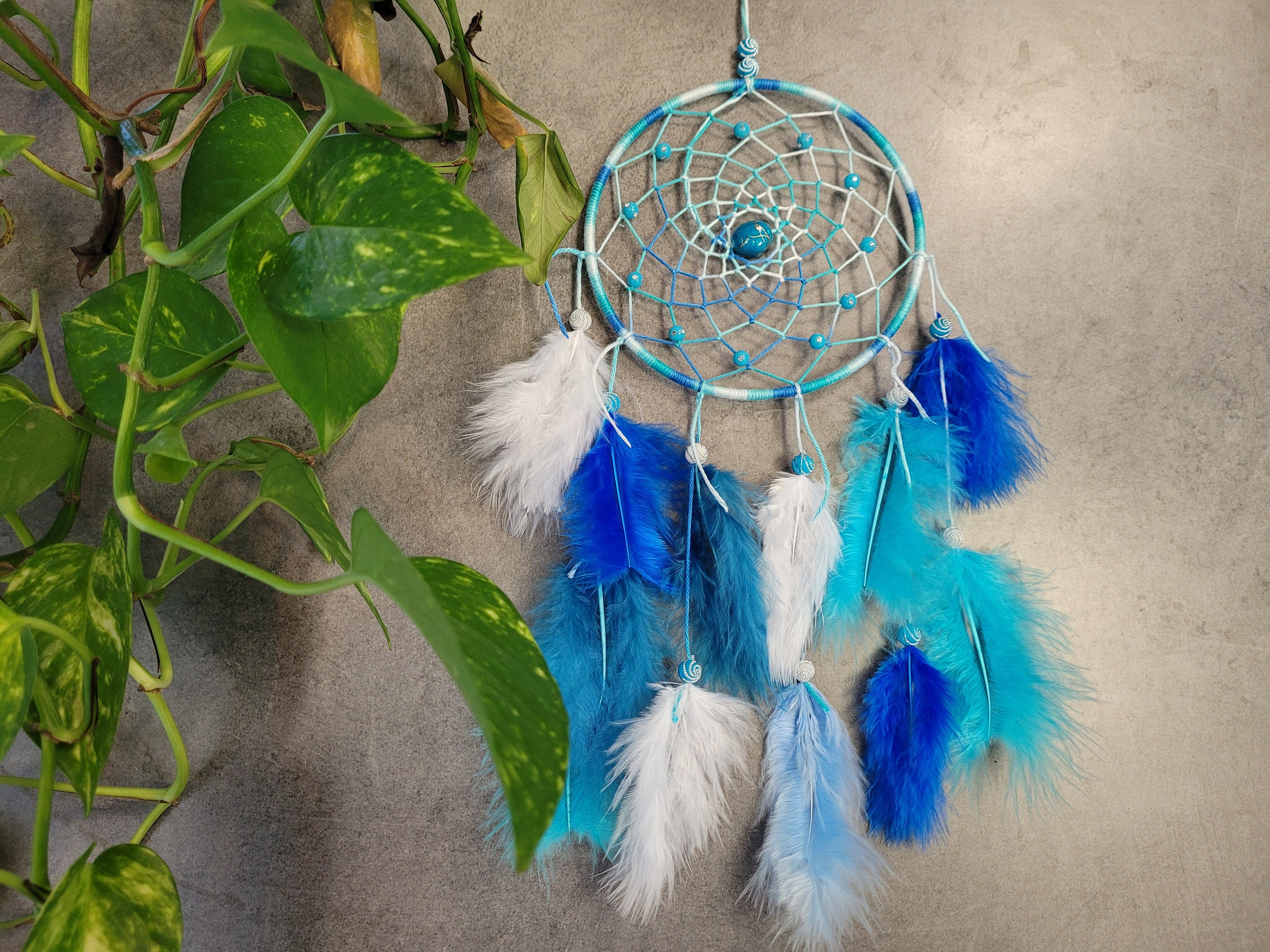 Attrape Rêves, Fait Main, Dreamcatcher, Ton Bleu, Bleu Clair, Turquoise, Décor Mural/Taille Réelle 4