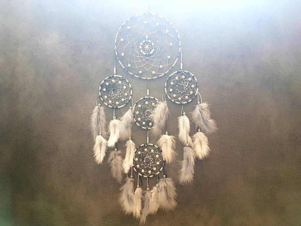 Attrape Rêves, Fait Main, Dreamcatcher, Blanc et Gris, Décor Mural/Taille Réelle 60 cm