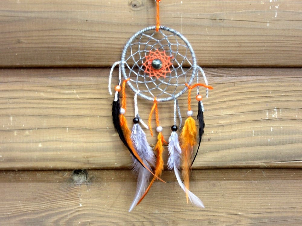 Attrape Rêves, Fait Main, Dreamcatcher, Gris, Noir, Orange, Décor Mural/Taille Réelle 30 cm