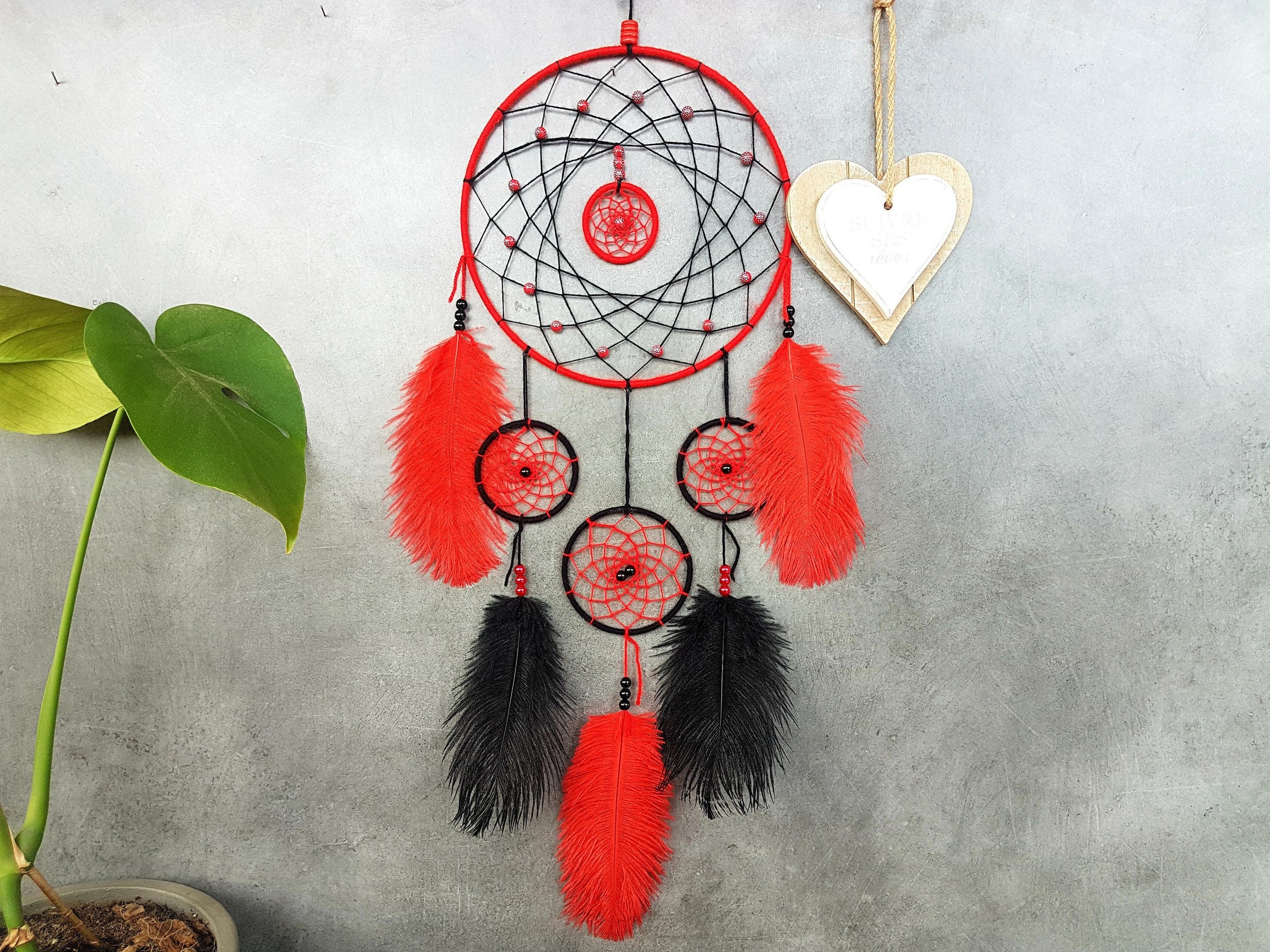 Attrape Rêves, Fait Main, Dreamcatcher, Rouge et Noir, Plumes d'autruche, Décor Mural/Taille Réelle 