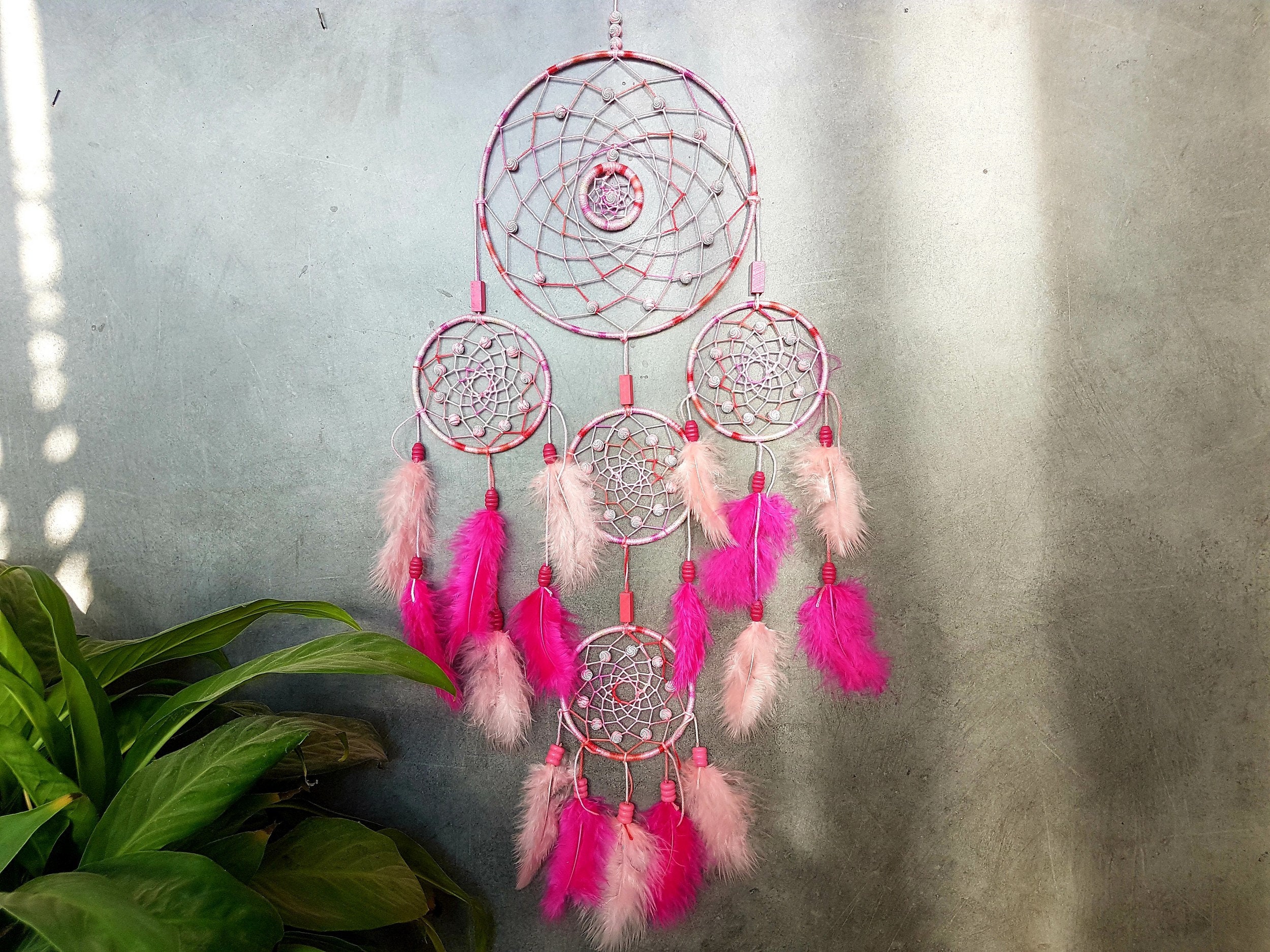 Attrape Rêves, Fait Main, Dreamcatcher, Rose, Décor Mural/Taille Réelle 60 cm