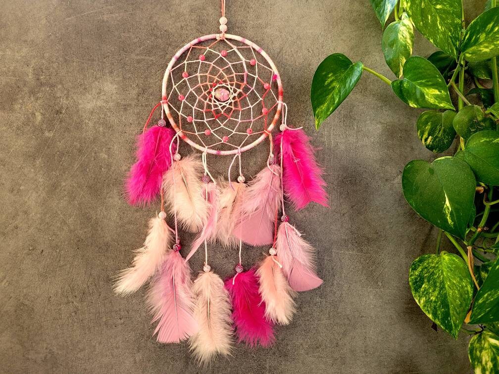 Attrape Rêves, Fait Main, Dreamcatcher, Tons Rose, Décor Mural/Taille Réelle 40 cm