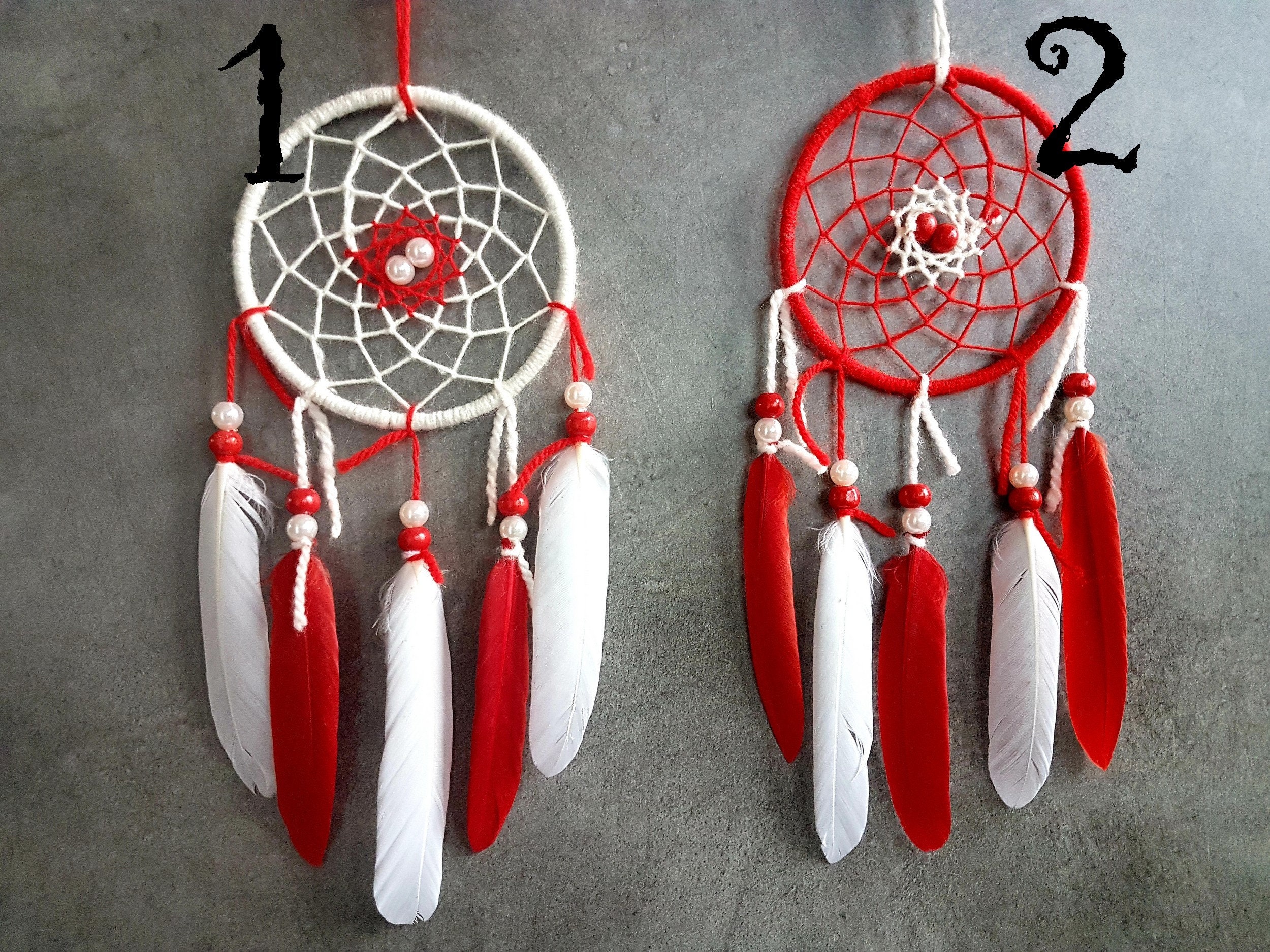 Attrape Rêves, Fait Main, Dreamcatcher, Rouge et Blanc, Décor Mural/Taille Réelle 25 cm