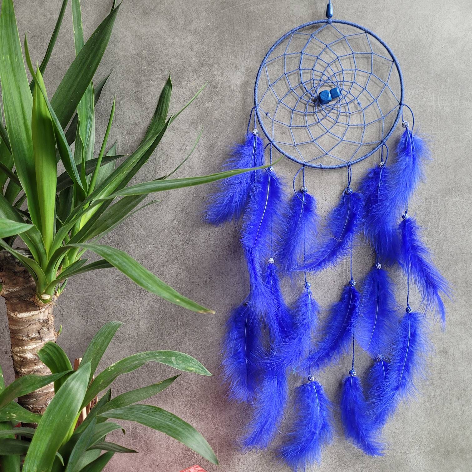 Attrape Rêves, Fait Main, Dreamcatcher, Bleu, Bleu Marine, Décor Mural/Taille Réelle 45 cm