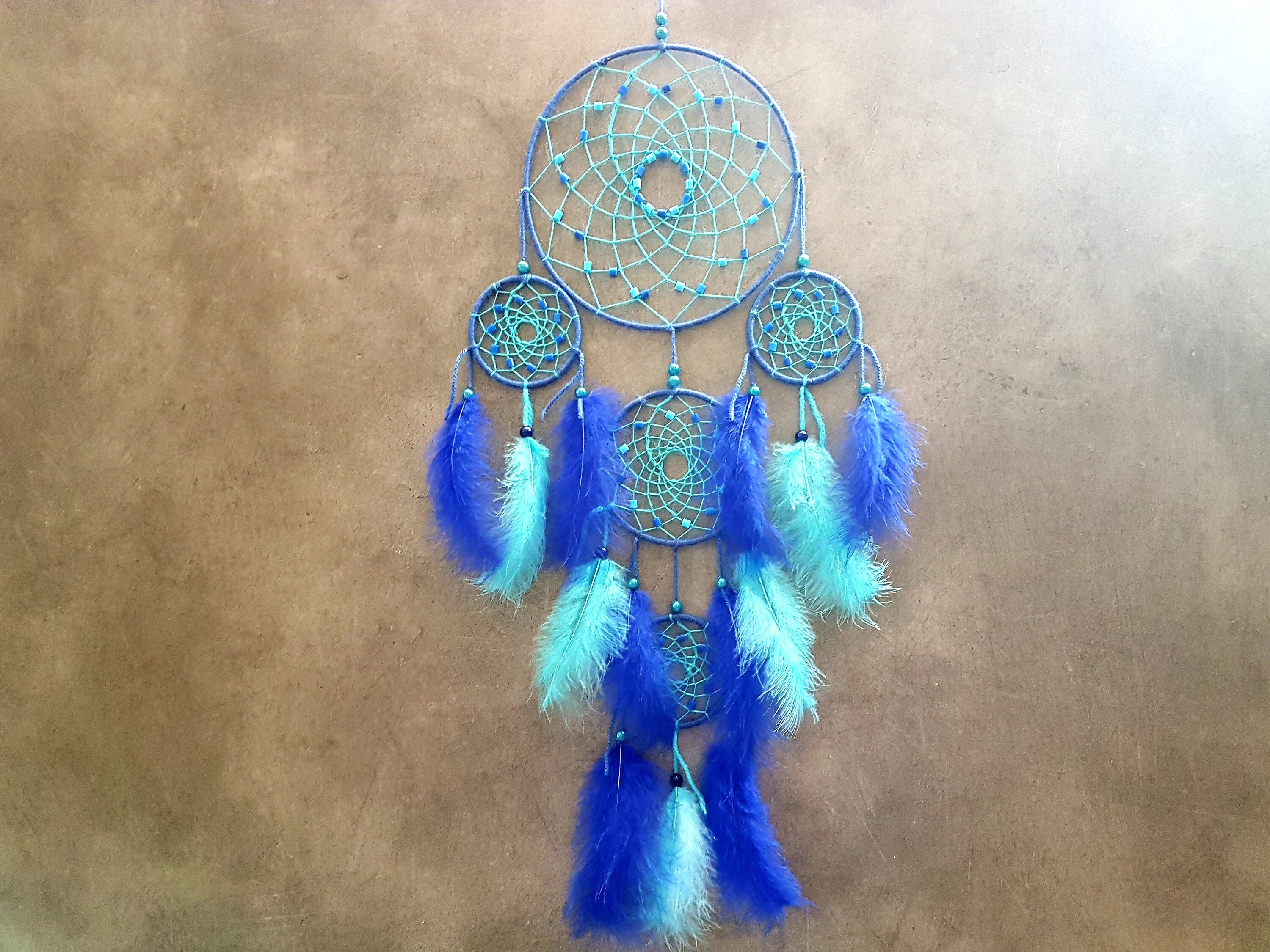 Attrape Rêves, Fait Main, Dreamcatcher, Bleu Marine et Turquoise, Décor Mural/Taille Réelle 60cm