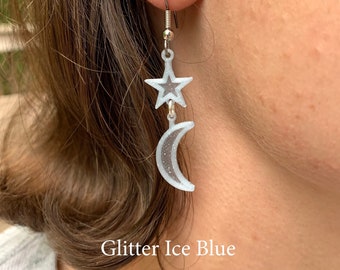 Moon and star 3d printed celestial earrings